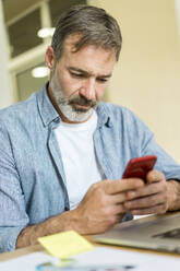 Männlicher Unternehmer benutzt sein Smartphone im Büro - AFVF08364