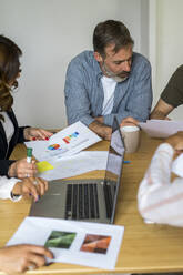 Male and female entrepreneurs planning strategy during meeting at office - AFVF08408