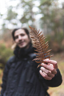 Männlicher Wanderer hält braune Farnblätter in Richtung Kamera - JAQF00350