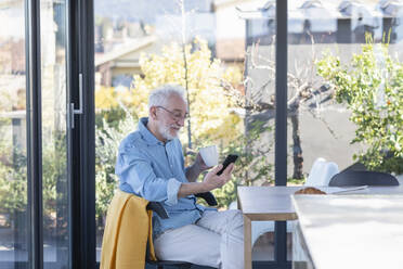 Senior man using smart phone while having coffee at home - EIF00417