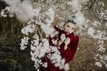 Beautiful woman holding red winter coat while standing below blossoming almond tree - GMLF01028