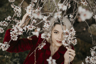 Lächelnde blonde Frau hält einen Zweig eines blühenden Mandelbaums im Frühling - GMLF01034
