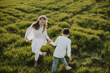 Lächelnder Bruder und lächelnde Schwester spielen im Gras an einem sonnigen Tag - GMLF01055