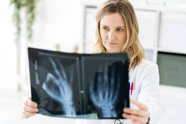 Blonde Radiologin bei der Analyse von Röntgenbildern in einer medizinischen Klinik - GIOF11614