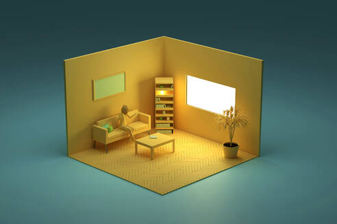 Dreidimensionales Rendering einer Ecke eines gelb gefärbten Wohnzimmers mit einer jungen Frau auf dem Sofa - SPCF01235