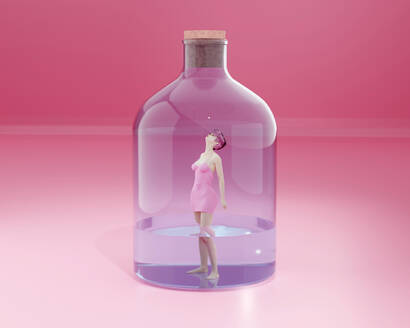Dreidimensionales Rendering einer jungen Frau, die in einer großen Flasche gefangen ist - SPCF01239