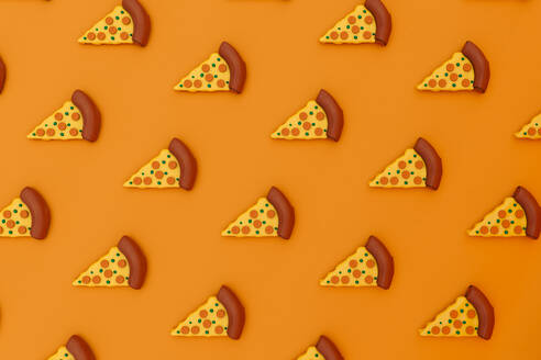 Dreidimensionales Rendering von Pizzastücken auf orangefarbenem Hintergrund - GCAF00067