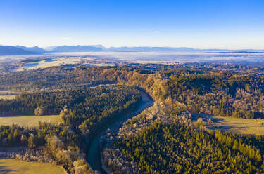 Deutschland, Bayern, Luftaufnahme der sich durch den Wald schlängelnden Isar in den Alpen - LHF00849