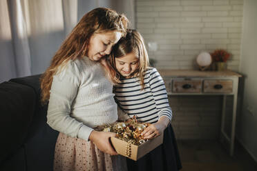 Schwestern halten eine Schachtel mit Weihnachtsdekoration, während sie zusammen zu Hause stehen - MIMFF00590
