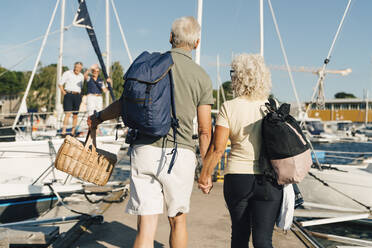 Rückansicht eines älteren Paares, das sich an den Händen hält und auf dem Pier am Hafen spazieren geht - MASF22358