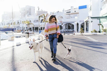 Frau inmitten eines Siberian Husky und eines Jack Russell Terriers beim Spaziergang auf der Straße in der Stadt - MPPF01554