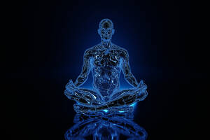 3D-Illustration einer Person, die Feuerenergie in einer klassischen Meditations-Asana kanalisiert - SPCF01268