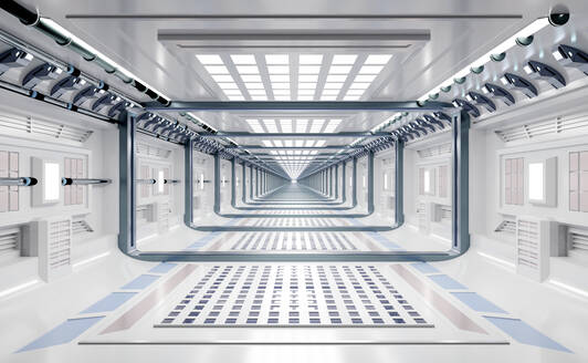 Dreidimensionales Rendering eines futuristischen Korridors in einem Raumschiff oder einer Raumstation - SPCF01280