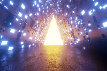 Three dimensional render of triangle shaped portal glowing at end of futuristic corridor - SPCF01282