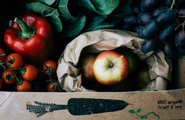 Fresh organic fruit and vegetables in a recyclable box freshly picked - CAVF93711