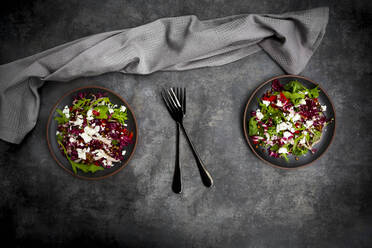 Studio shot of two plates of vegetarian salad with lentils, arugula, feta cheese, radicchio and bell pepper - LVF09091