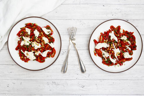 Zwei Teller mit Salat aus eingelegten, gerösteten Paprika mit Petersilie, Schnittlauch, Mozzarella und gerösteten Pinienkernen - LVF09096