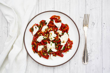 Plate with salad made out of pickled, roasted peppers with parsley, chives, mozzarella and roasted pine nuts - LVF09098