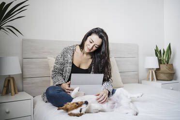 Lächelnde Frau mit Laptop streichelt Jack Russell Terrier, während sie zu Hause auf dem Bett sitzt - EBBF02602