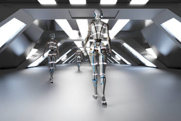 Three dimensional render of gynoids walking down futuristic corridor - SPCF01285