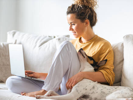 Positiv eingestellte Freiberuflerin in Freizeitkleidung sitzt mit dem Hund Ratonero Bodeguero Andaluz auf einem bequemen Sofa und arbeitet an einem Projekt auf einem Laptop in einem hellen Raum - ADSF21210