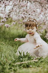 Baby girl sitting on grass near cherry tree in springtime - GMLF01082