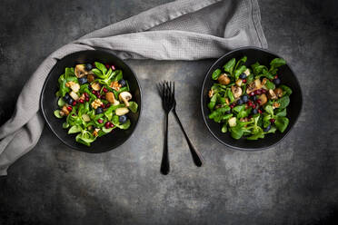 Autumn salad consisting of lambs lettuce, mushrooms, fried pears, blueberries, pomegranate seeds and walnuts - LVF09105