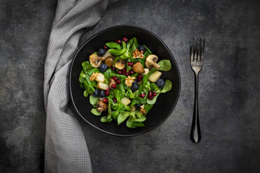 Autumn salad consisting of lamb's lettuce, mushrooms, fried pears, blueberries, pomegranate seeds and walnuts - LVF09107