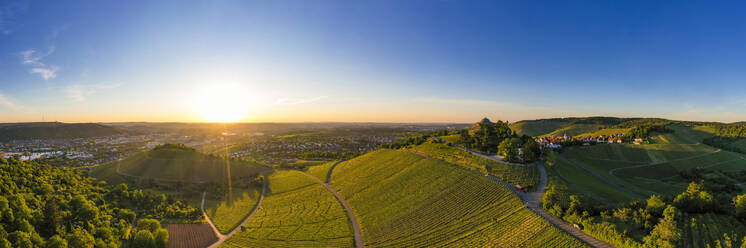 Germany, Baden Wurttemberg, Stuttgart, Aerial view of vineyards at sunset in autumn - WDF06551