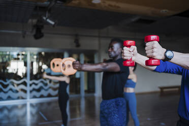 Multiethnische Gruppe von Sportfreunden beim gemeinsamen Training im Fitnessstudio - EBBF02744