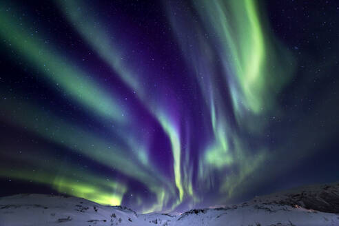 Niedriger Winkel des spektakulären nächtlichen Sternenhimmels mit leuchtenden violetten und grünen Polarlichtern über schneebedeckten Bergen im Winter in Norwegen - ADSF21473