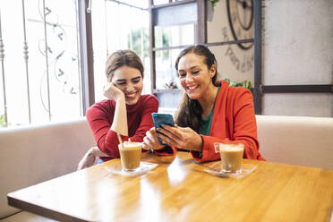 Cheerful woman showing mobile phone to female friend in cafeteria - LJF02130