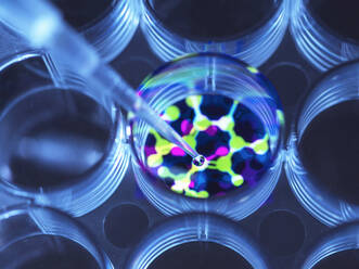 Conceptual image to illustrate biotechnology, Scientist pipetting chemical formula into multi well plate during an experiment - ABRF00865