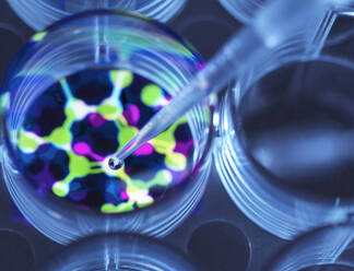 Conceptual image to illustrate biotechnology, Scientist pipetting chemical formula into multi well plate during an experiment - ABRF00866