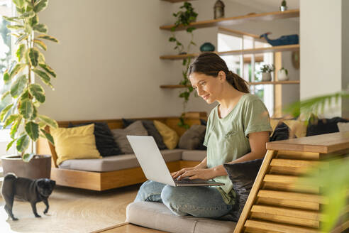Female entrepreneur using laptop while sitting on sofa at home - SBOF03228