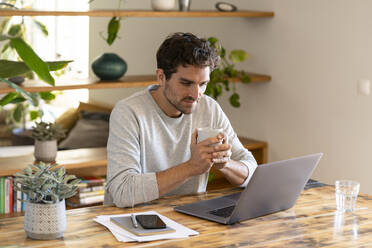 Concentrated freelance worker having coffee while looking at laptop in home office - SBOF03282