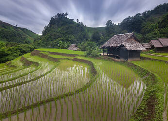 Long exposure scenic view of small village with wooden huts located near abundant spacious rice fields in exotic country under cloudy sky - ADSF22003