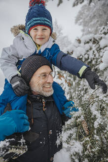 Niedlicher Sohn sitzt auf den Schultern des Vaters und berührt einen schneebedeckten Nadelbaumzweig - MFF07630