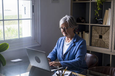 Lächelnde ältere Unternehmerin, die zu Hause sitzend am Laptop arbeitet - SIPF02277