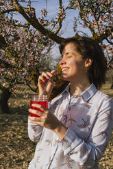 Smiling woman having strawberry soda at almond trees - MGRF00178