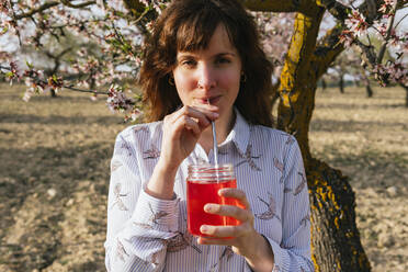 Young woman drinking strawberry soda at almond tree - MGRF00191