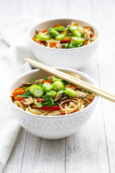 Asian noodle soup with rice noodles, bell pepper, mushrooms, spring onions, coriander and carrots - LVF09111