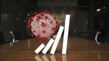 Dreidimensionales Rendering einer Coronavirus-Zelle, die Dominosteine verschiebt, die eine eskalierende Krise darstellen - ALF00799