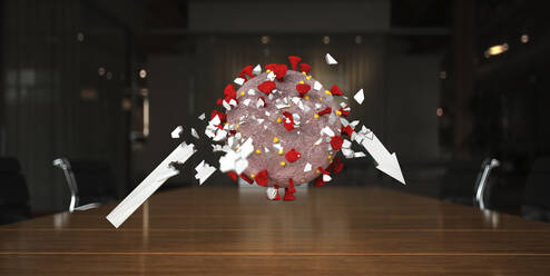 Dreidimensionale Darstellung einer Coronavirus-Zelle, die einen Börsenpfeil zerstört - ALF00800