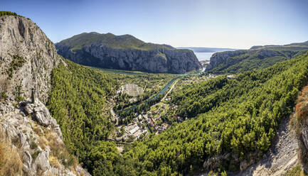 Kroatien, Dalmatien, Omis, Siedlung am bewaldeten Ufer des Flusses Cetina im Sommer - MAMF01684