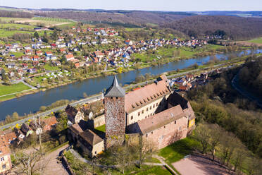 Germany, Bavaria, Rothenfels, Helicopter view of Rothenfels Castle and surrounding town - AMF09135