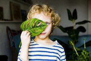 Blond boy with blue eyes looking through leaf at home - IHF00431