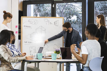 Junger Unternehmer erklärt einem Kollegen in einer Besprechung ein Diagramm auf einem Whiteboard - PNAF01138