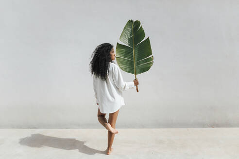 Curly haired woman holding big banana leaf while standing on one leg in front of white wall during sunny day - TCEF01713