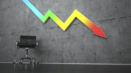 Three dimensional render of office chair standing under colorful graph arrow representing economic recession - ALF00802